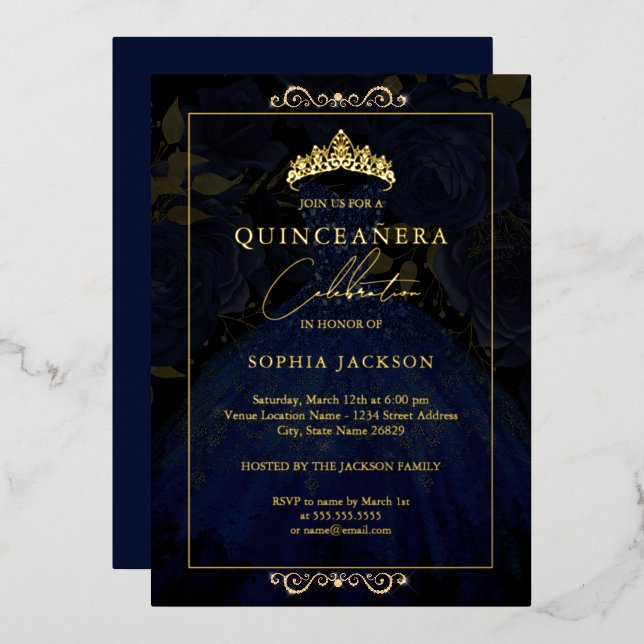 Invitation En Aluminium Elégante robe Rose or de la Marine Quinceanera (Recto/Verso)