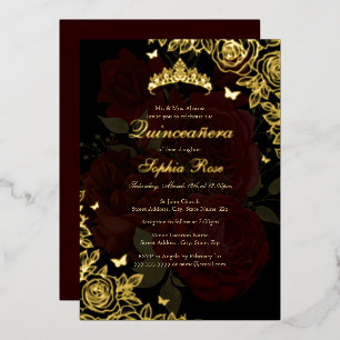 Invitation En Aluminium Élégante Robe Rouge Bourgogne Or Rose Quinceanera