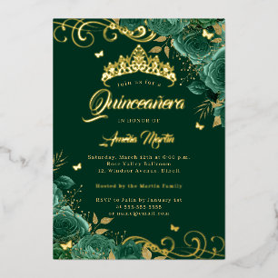 Invitation En Aluminium Élégante Rose Émeraude Tourbillon Or Quinceanera