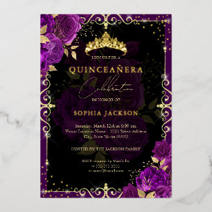 Invitation En Aluminium Élégante Rose Pourpre Royale Or Quinceanera