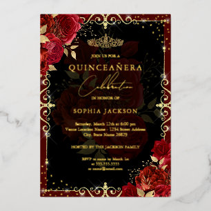 Invitation En Aluminium Élégante Rose Rouge Or Quinceanera