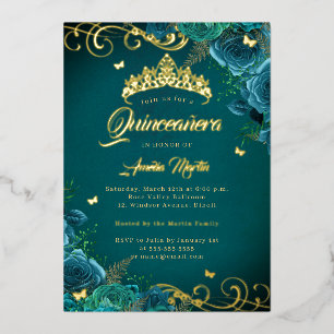 Invitation En Aluminium Élégante Rose Turquoise Tourbillon Or Quinceanera