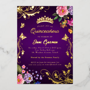 Invitation En Aluminium Élégante Rose Violette Tourbillon Or Quinceañera