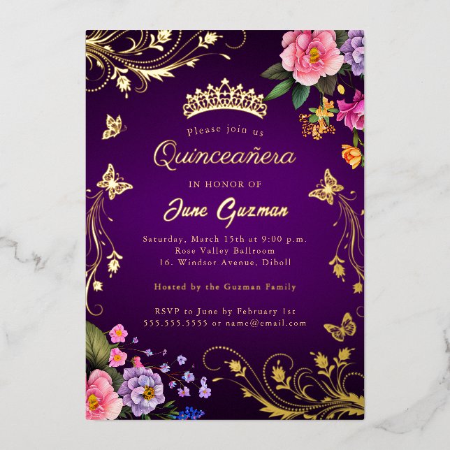 Invitation En Aluminium Élégante Rose Violette Tourbillon Or Quinceañera (Recto)