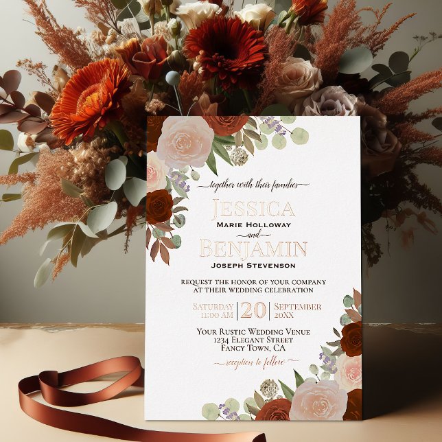 Invitation En Aluminium Elégante rouille Orange Floral avec Mariage or Ros (Créateur téléchargé)