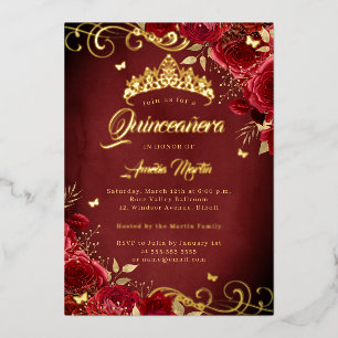 Invitation En Aluminium Elégante Royal Rouge Rose Gold Swirl Quinceanera