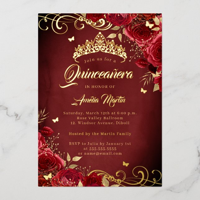 Invitation En Aluminium Elégante Royal Rouge Rose Gold Swirl Quinceanera (Recto)