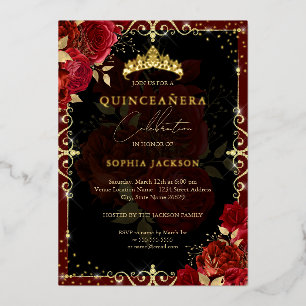 Invitation En Aluminium Elégante Royale Rouge Étincelle Or Rose Quinceaner