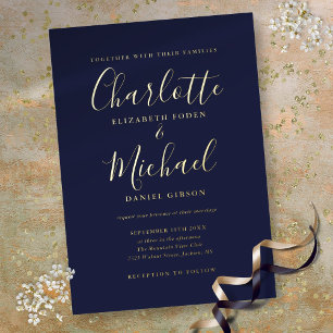 Invitation En Aluminium Élégante signature script mariage bleu marine or