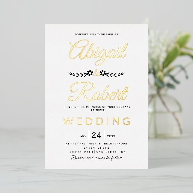 Invitation En Aluminium Élégante typographie et fleurs or mariage (Debout devant)