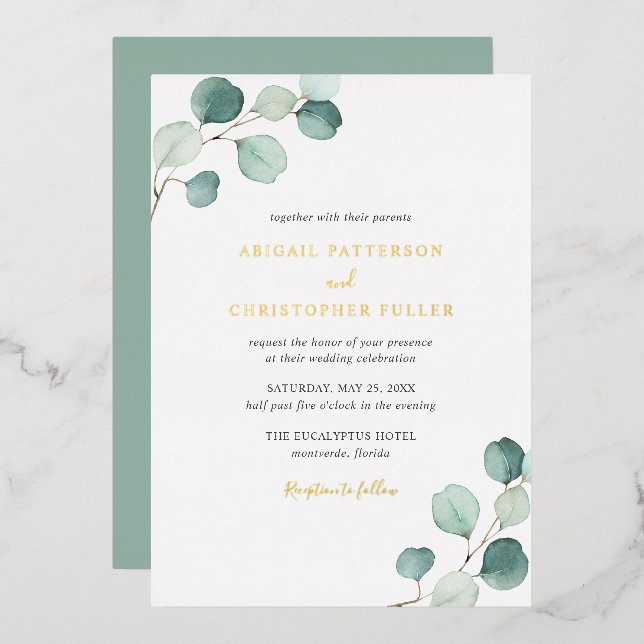 Invitation En Aluminium Elégante verdure Rustique Eucalyptus Mariage Or (Recto/Verso)
