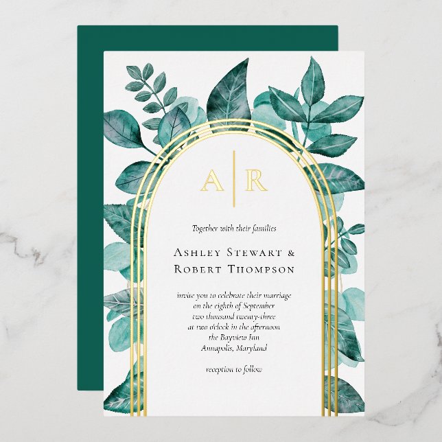 Invitation En Aluminium Elégante verdure Turquoise Aquarelle Mariage or (Recto/Verso)