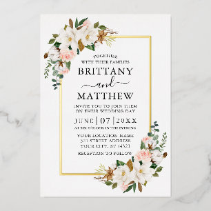 Invitation En Aluminium Élégantes Magnolias Roses Aquarelles Mariage Or
