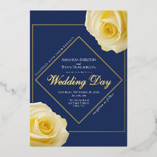 Invitation En Aluminium Élégantes Roses Jaunes Bleu Floral Mariage Or
