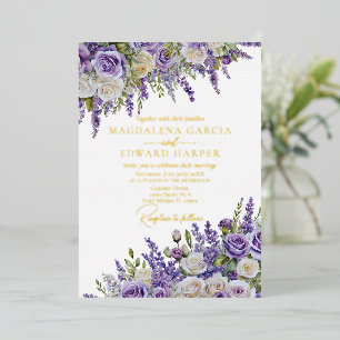 Invitation En Aluminium Élégantes Roses Lavande Violettes Fleurs Mariage