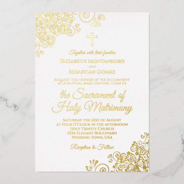 Invitation En Aluminium Elégants boucles d'or sur Mariage catholique blanc (Recto)