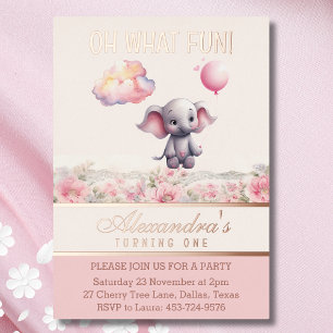 Invitation En Aluminium Élémentaire 1er Anniversaire Fleur Rose Bébé Fille