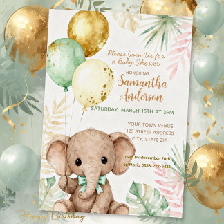 Invitation En Aluminium Elephant Brown Sage Green Balloons Baby Shower