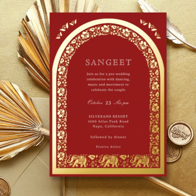 Invitation En Aluminium Éléphant et fleur de lotus Sangeet indien en or (Red Indian wedding Sangeet invitation, elephant and lotus flower, hindu wedding invitation card)