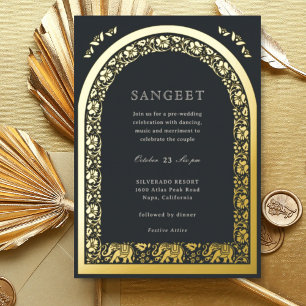 Invitation En Aluminium Elephant et Lotus Flower Indian Sangeet Gold