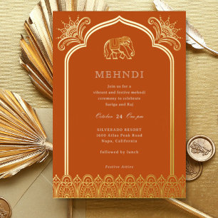Invitation En Aluminium Elephant & Henna Design Motif Indien Mehndi Gold