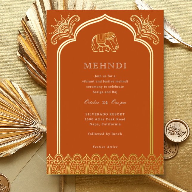Invitation En Aluminium Elephant & Henna Design Motif Indien Mehndi Gold (Orange Indian wedding Mehndi invitation, elephant and lotus flower, hindu wedding invitation card)