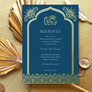 Invitation En Aluminium Elephant & Henna Design Motif Indien Mehndi Gold