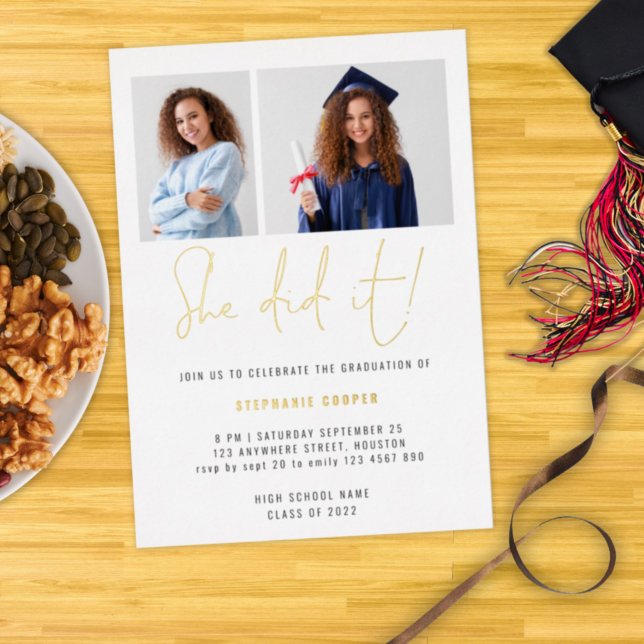 Invitation En Aluminium Elle L'A Fait Graduation 2022 2 Photos Gold Real (Créateur téléchargé)