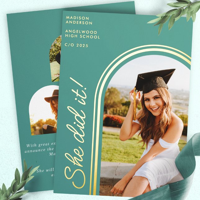 Invitation En Aluminium Elle L'A Fait Turquoise Arc Moderne Photo Graduati (Créateur téléchargé)