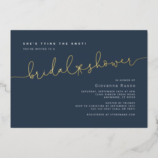 Invitation En Aluminium Elle noue la Fête des mariées d'or bleu noeud (Recto)