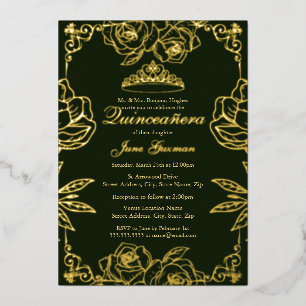 Invitation En Aluminium Emerald Gold Rose Garden Quinceanera
