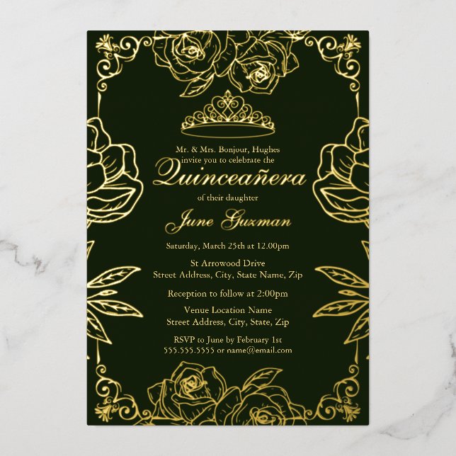 Invitation En Aluminium Emerald Gold Rose Garden Quinceanera (Recto)