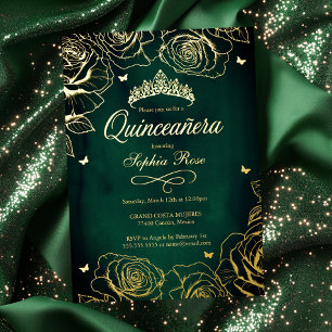Invitation En Aluminium Emerald Gold Roses Thème Quinceanera