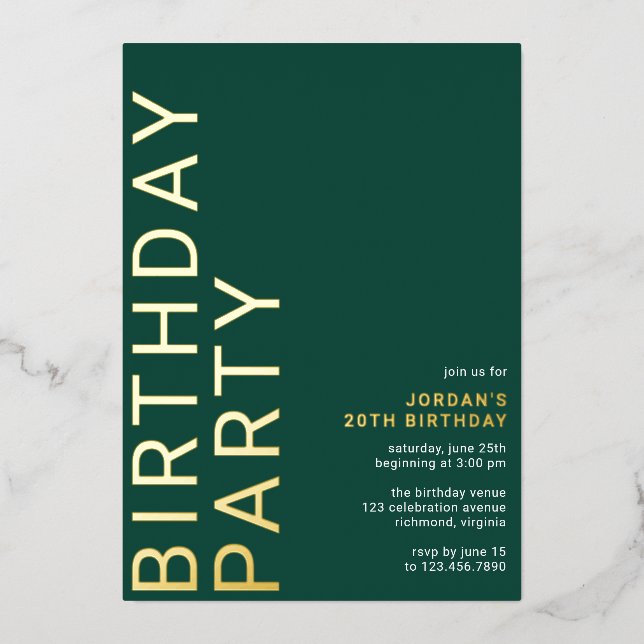 Invitation En Aluminium Emerald Green et Gold | Elegant N'Importe Quel Âge (Recto)