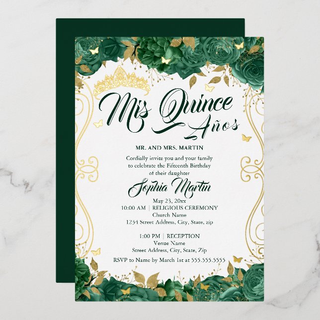 Invitation En Aluminium Emerald Green Floral Mis Quince Quinceanera (Recto/Verso)