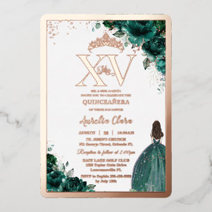Invitation En Aluminium Emerald Green Floral Quinceañera 15 XV or Rose