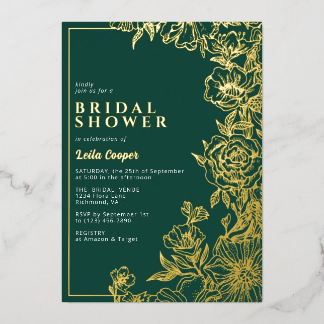 Invitation En Aluminium Emerald Green + Gold Elegant Garden Fête des marié (Recto)