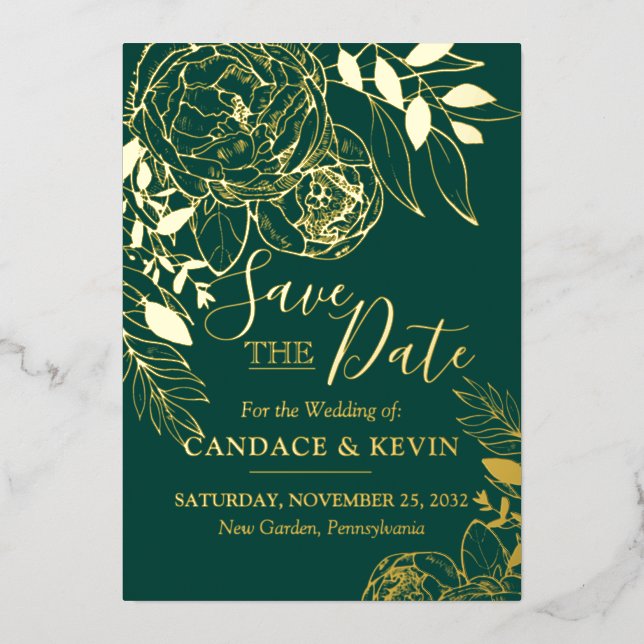 Invitation En Aluminium Emerald Green & Gold Modern Floral Enregistrer la  (Recto)