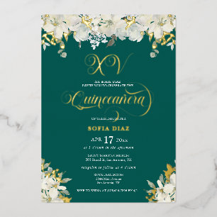 Invitation En Aluminium Emerald Green Quinceañera Floral Gold