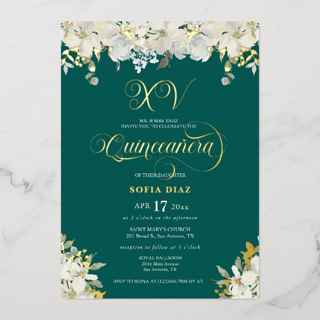 Invitation En Aluminium Emerald Green Quinceañera Floral Gold (Recto)