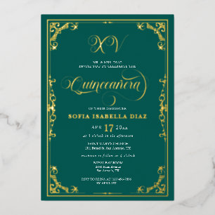 Invitation En Aluminium Emerald Green Quinceañera Gold