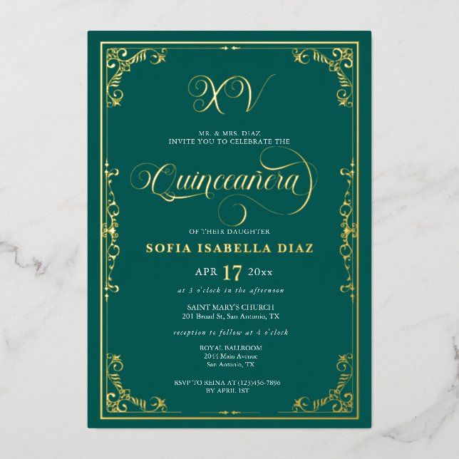 Invitation En Aluminium Emerald Green Quinceañera Gold (Recto)