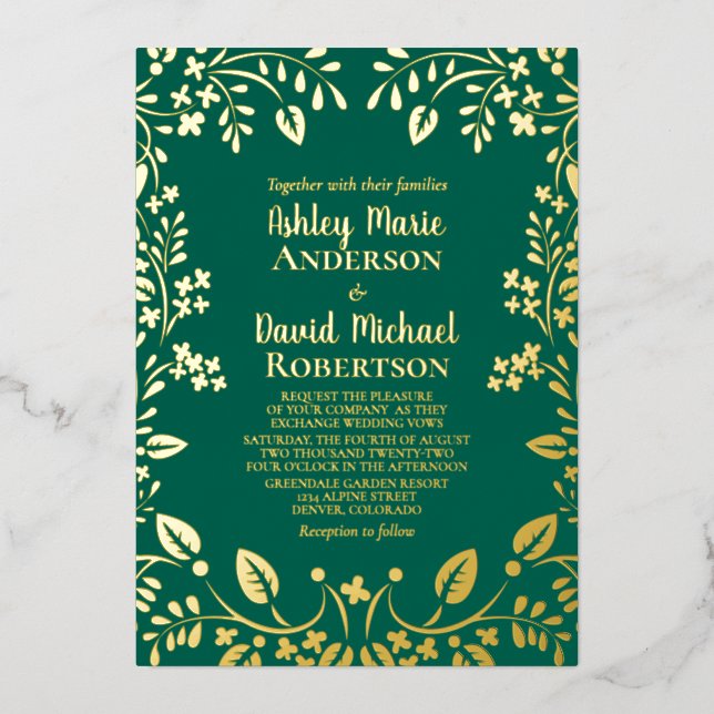 Invitation En Aluminium Emerald Green Real Gold Foil Floral Mariage (Recto)