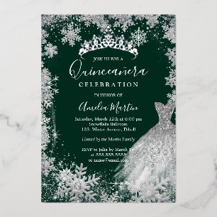 Invitation En Aluminium Emerald Green Snowflake Quinceanera d'hiver