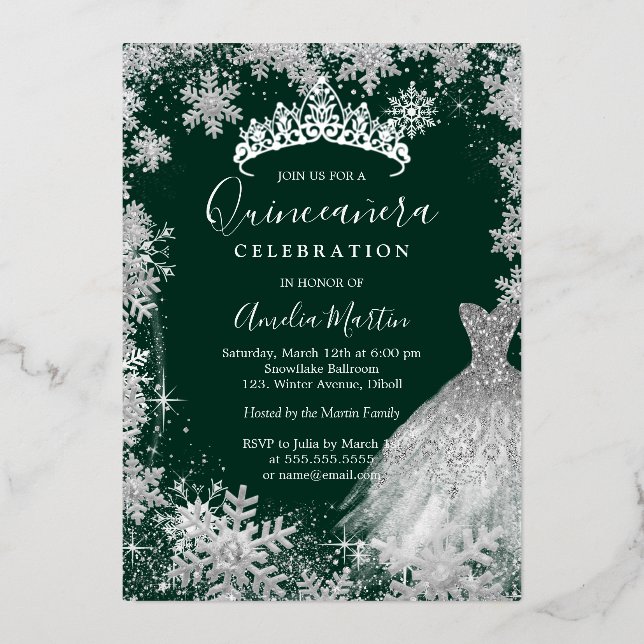 Invitation En Aluminium Emerald Green Snowflake Quinceanera d'hiver (Recto)
