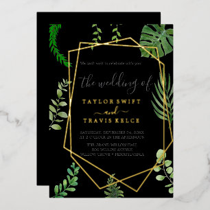 Invitation En Aluminium Emerald Verdure   Mariage Casual Noir Feuille Doré