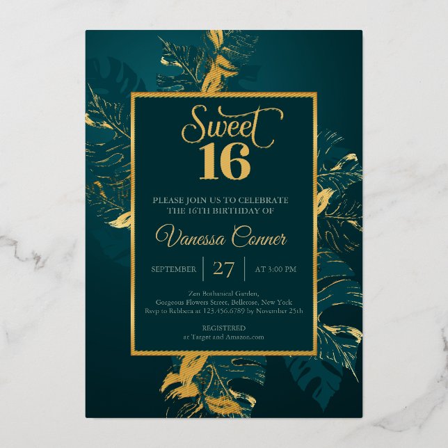 Invitation En Aluminium Emerald vert et véritable feuille d'or sweet sixte (Recto)