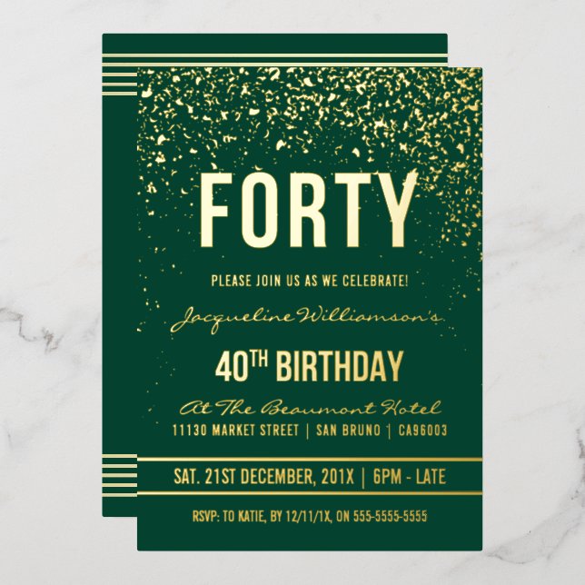 Invitation En Aluminium Émeraude | Gold Confetti 40e fête d'anniversaire (Recto/Verso)