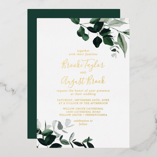 Invitation En Aluminium Émeraude | Mariage des familles Gold Foil (Recto/Verso)