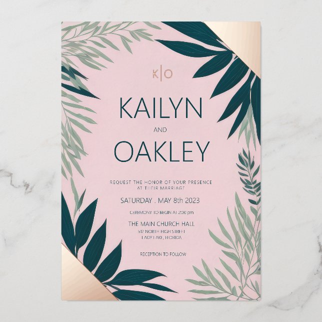 Invitation En Aluminium Émeraude Pink Foliage Vert Mariage Rose Or (Recto)